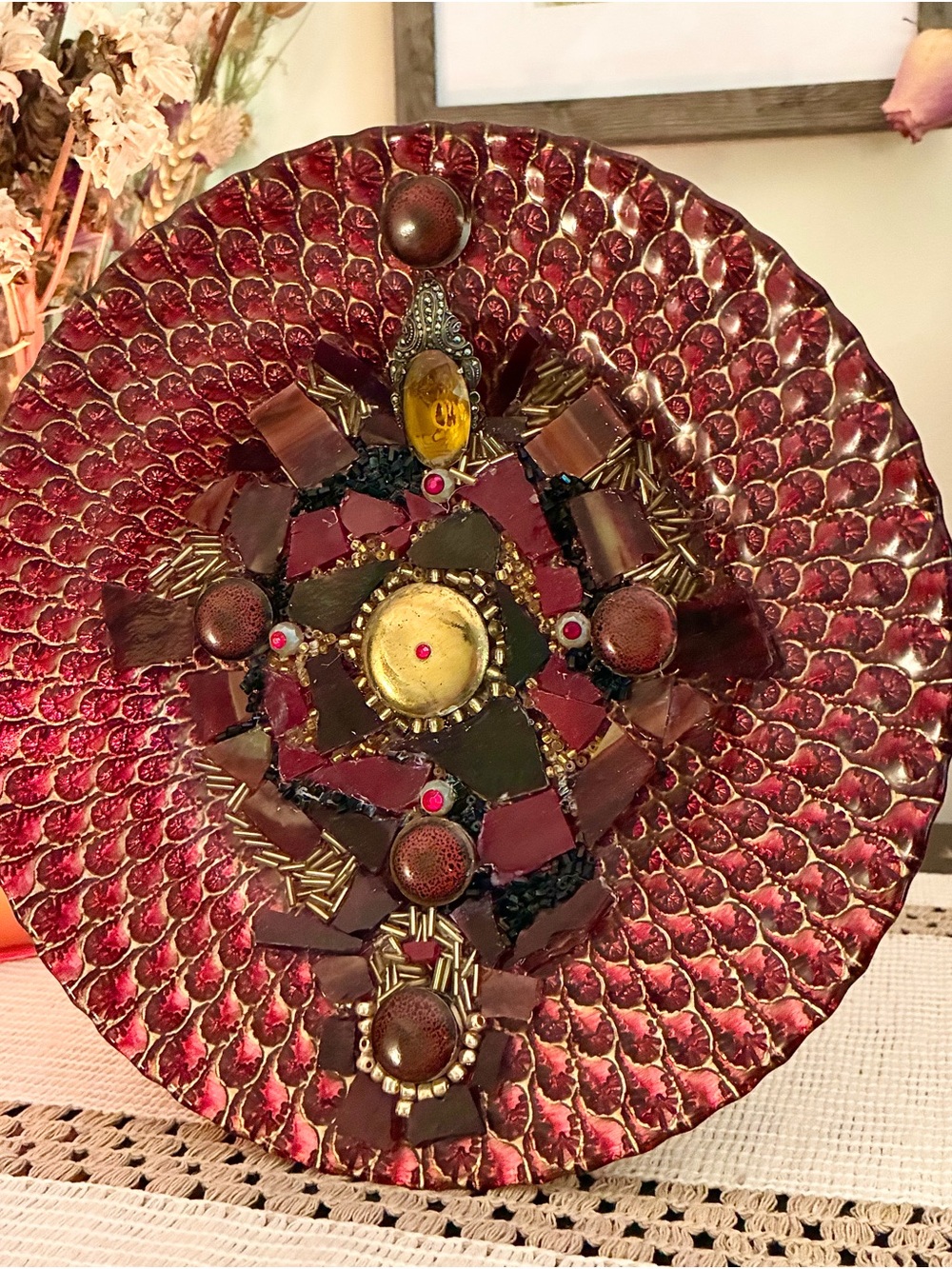 Handcrafted Decorative Red and Gold Mosaic Wall Plate